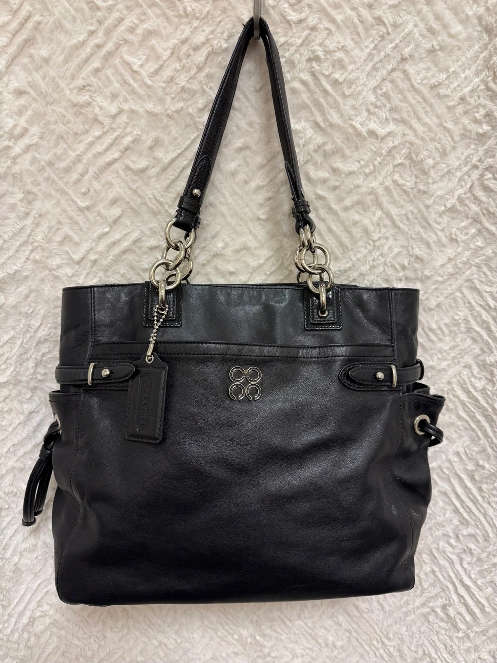 Coach Black Leather Tote with Chain-Detail Straps
